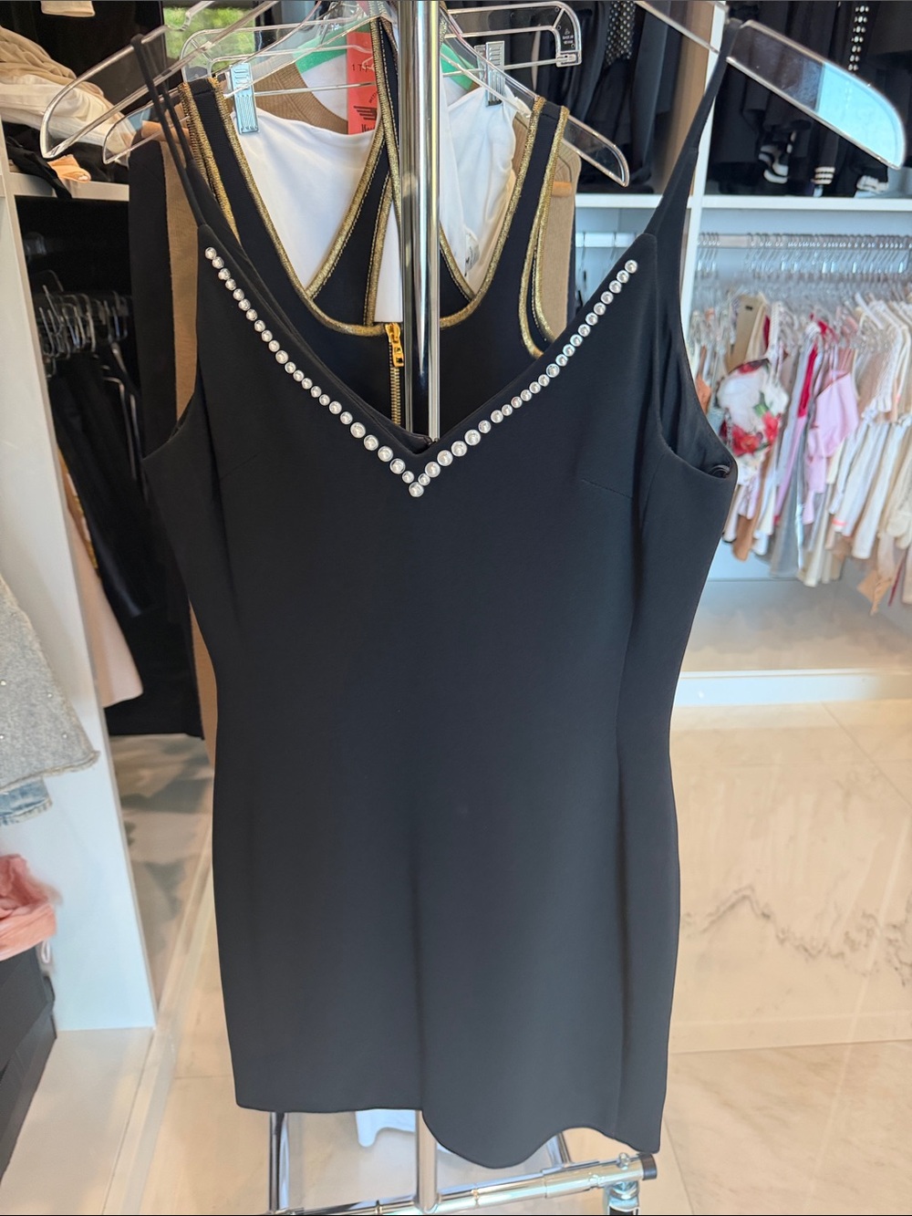 Black Jewel-Trim V-Neck Mini Dress